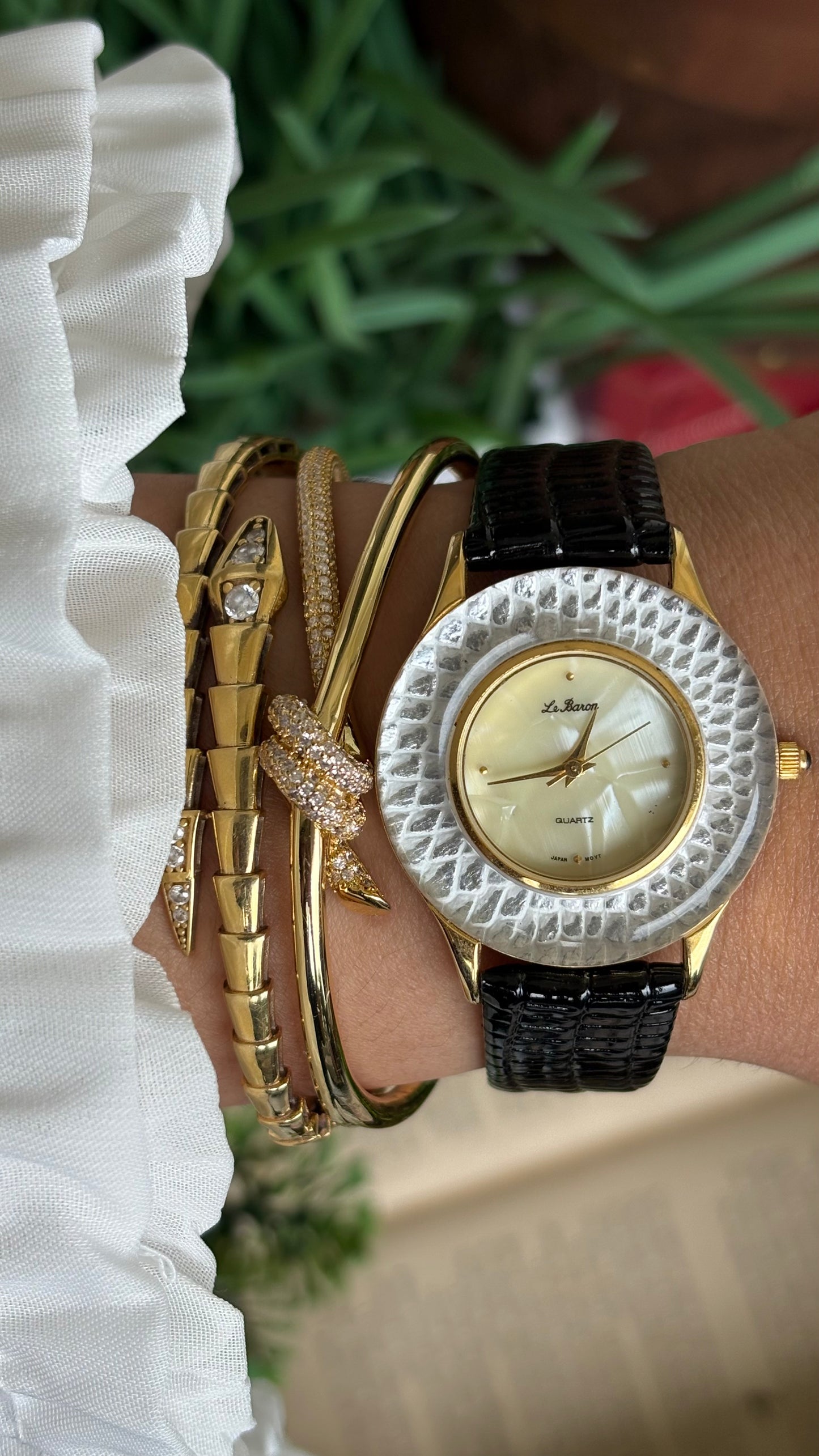 Vintage Le Baron Watch in Black Leather Strap Pearl Dial Snake Style Bezel