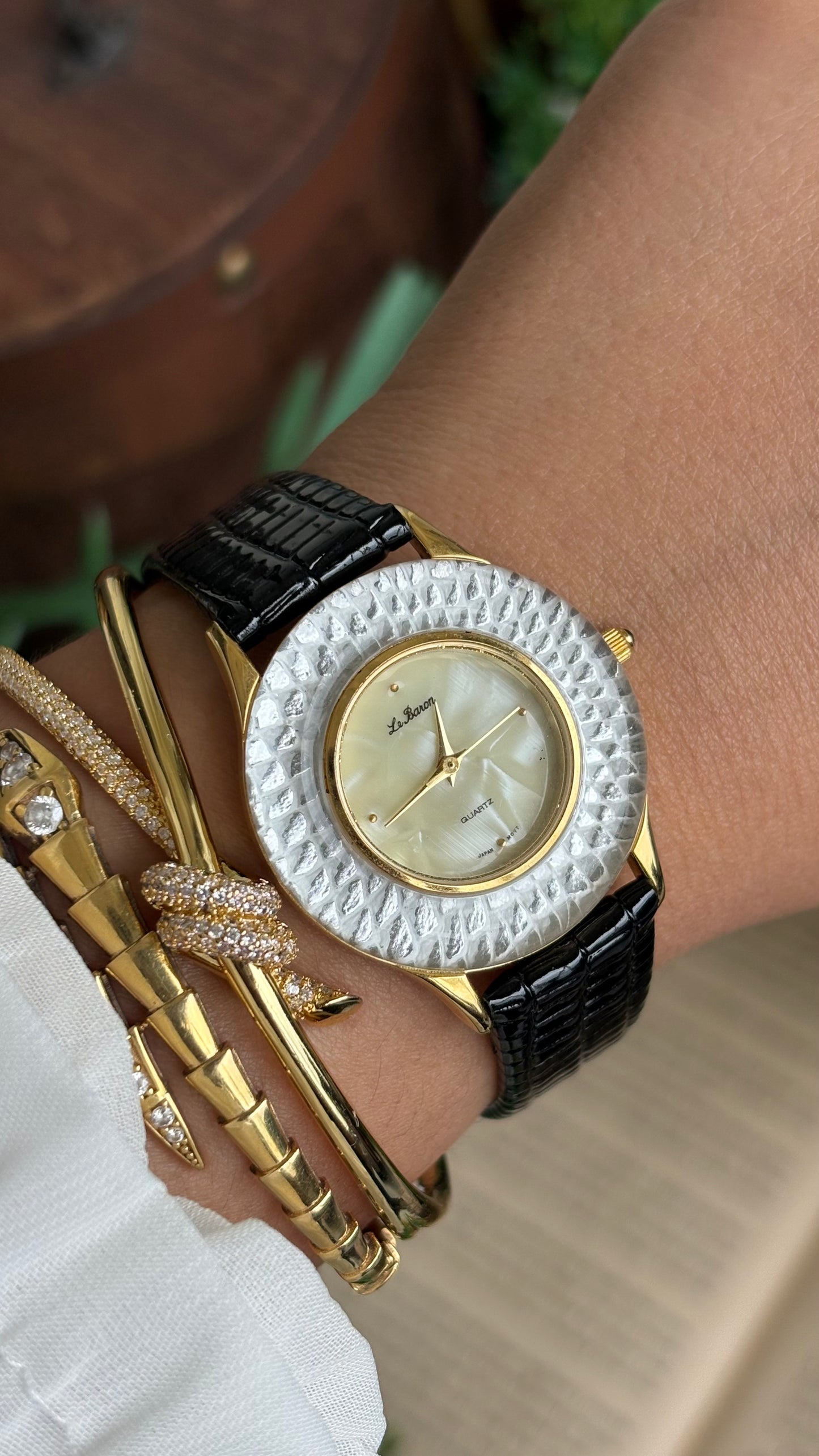 Vintage Le Baron Watch in Black Leather Strap Pearl Dial Snake Style Bezel
