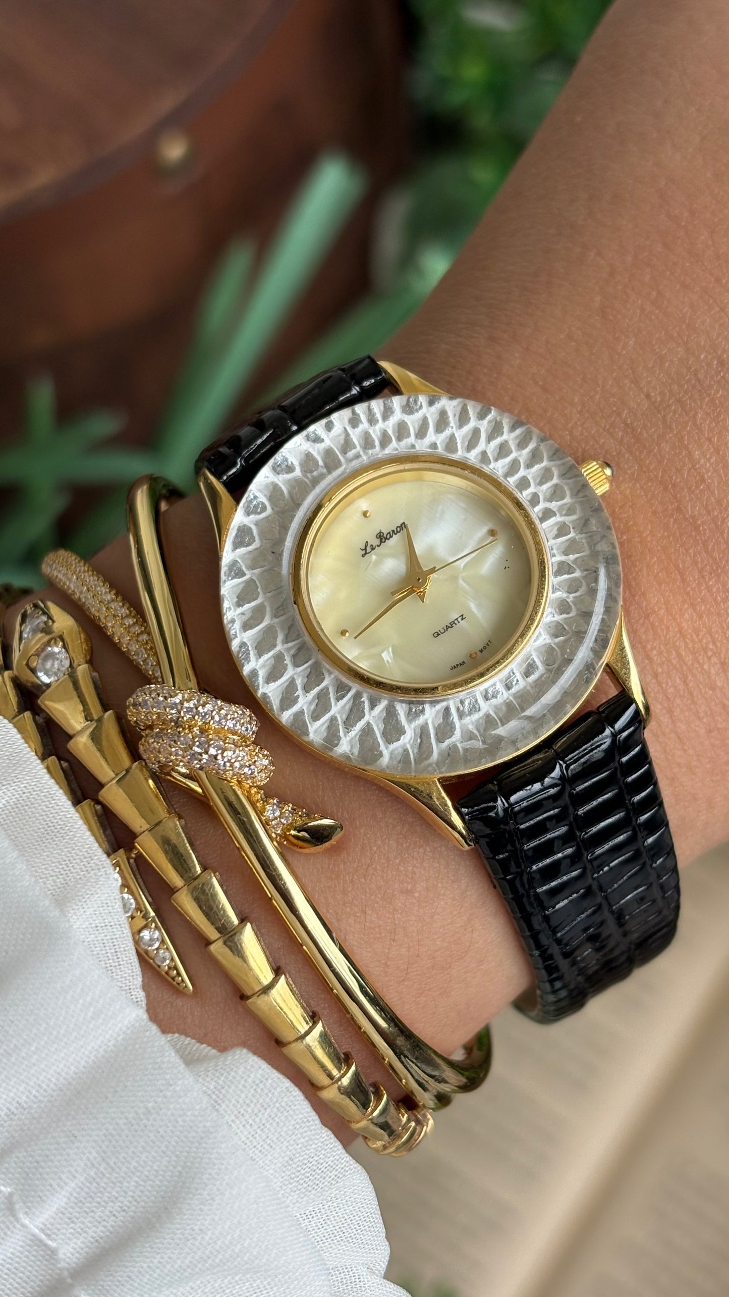 Vintage Le Baron Watch in Black Leather Strap Pearl Dial Snake Style Bezel