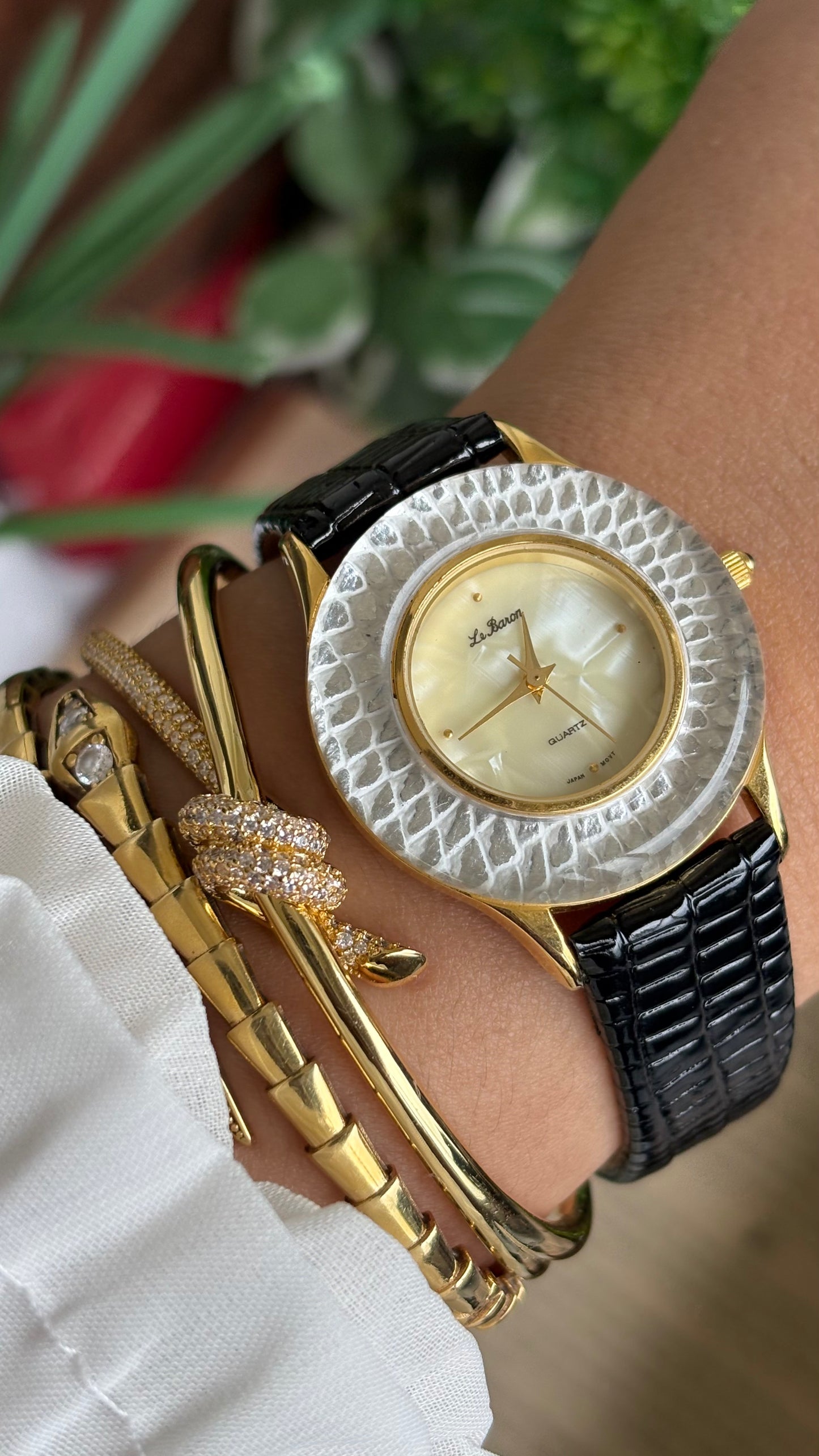 Vintage Le Baron Watch in Black Leather Strap Pearl Dial Snake Style Bezel