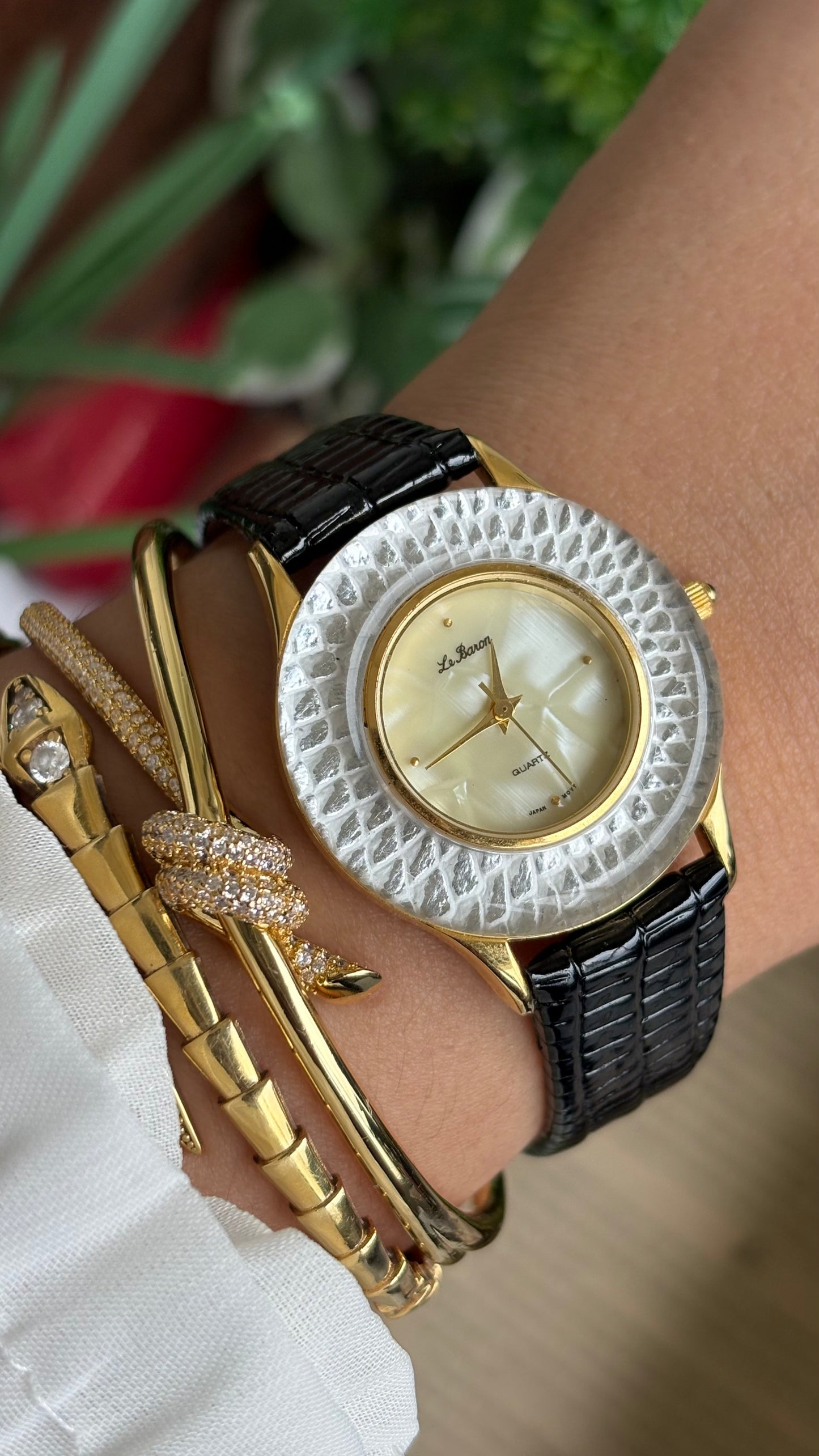 Vintage Le Baron Watch in Black Leather Strap Pearl Dial Snake Style Bezel