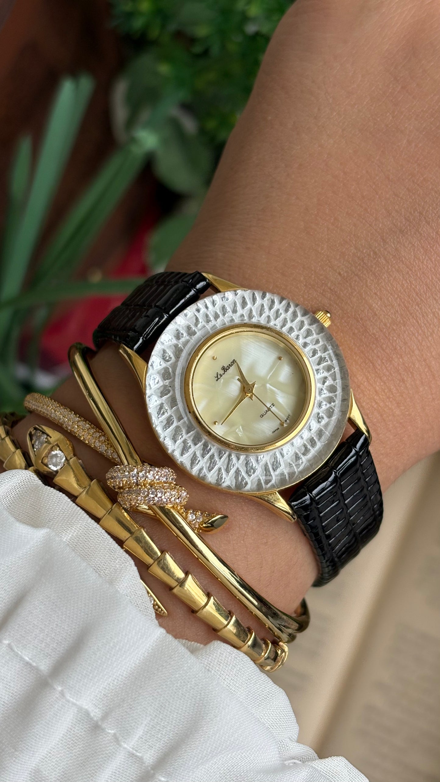 Vintage Le Baron Watch in Black Leather Strap Pearl Dial Snake Style Bezel