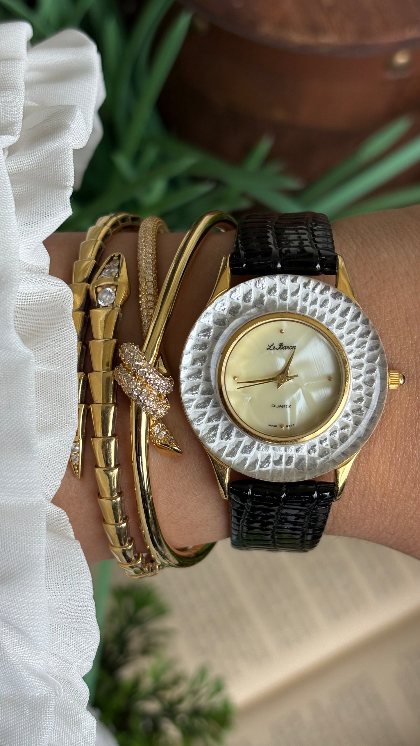 Vintage Le Baron Watch in Black Leather Strap Pearl Dial Snake Style Bezel