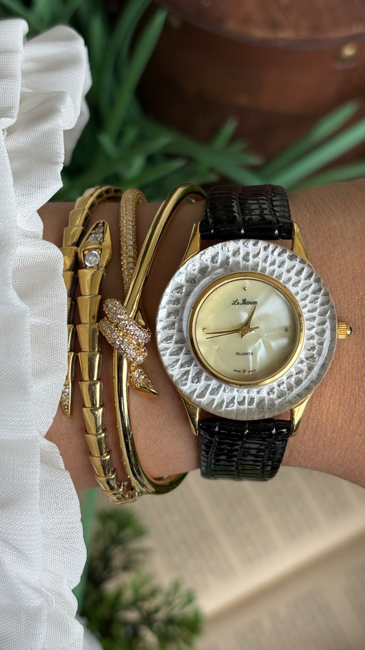 Vintage Le Baron Watch in Black Leather Strap Pearl Dial Snake Style Bezel