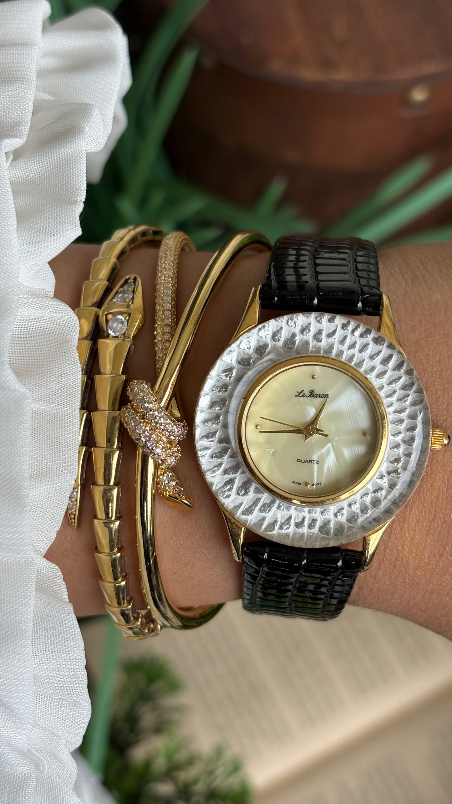 Vintage Le Baron Watch in Black Leather Strap Pearl Dial Snake Style Bezel