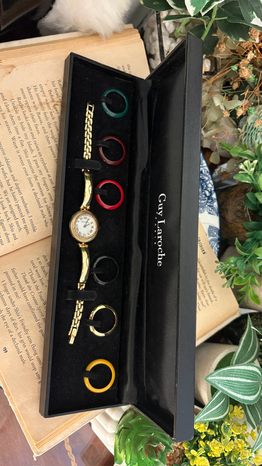 Extremely Rare Boxed Vintage Guy Laroche Interchangeable Bezel Set in Gold Tone Quartz