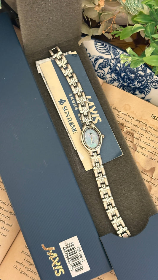 Rare Boxed Vintage Roberta Bellini By J-Axis Blue Mother of Pearl Dial Watch in Silver Tone Quartz