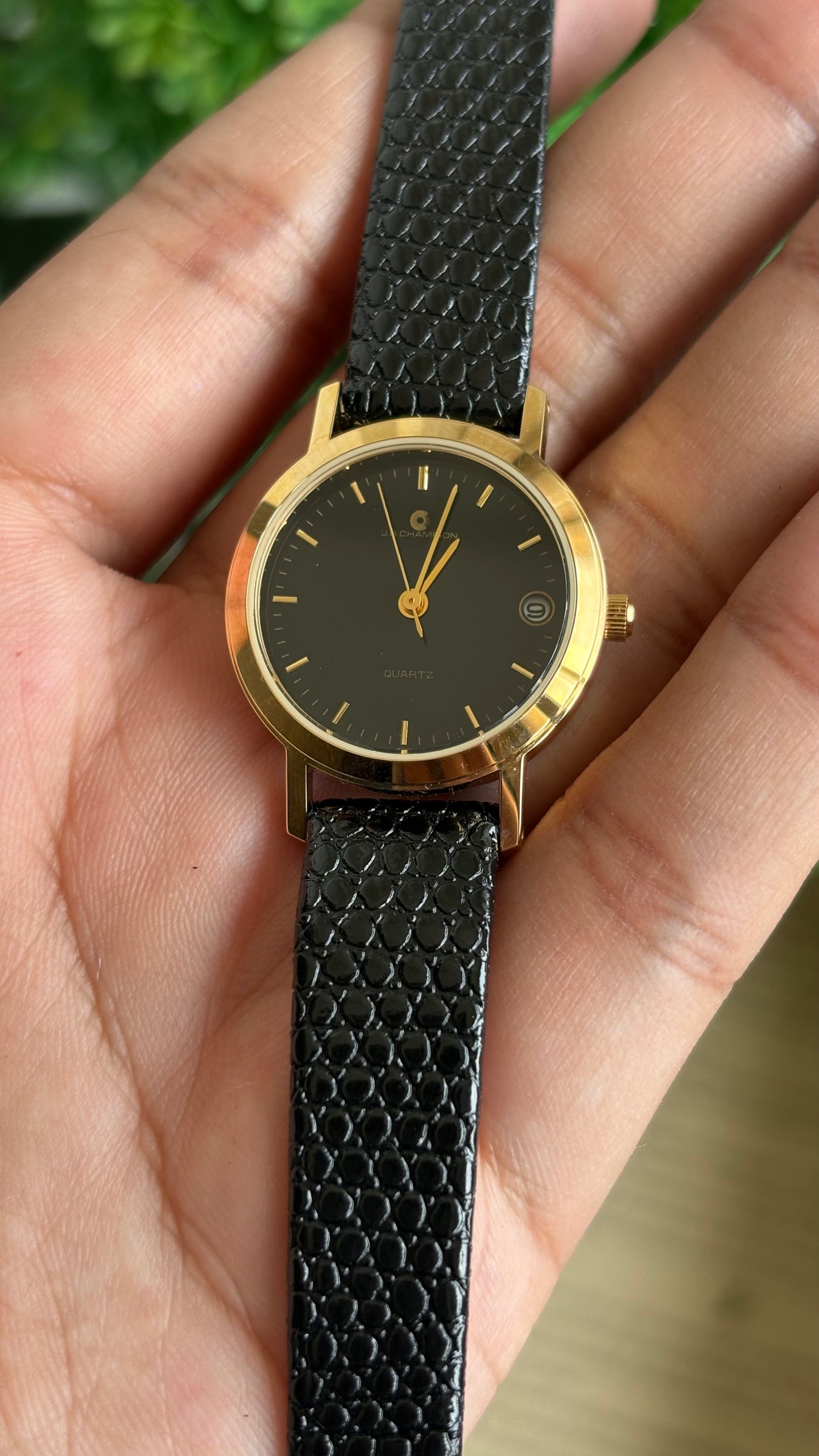 Vintage J.B. Champion Watch in Black Leather Strap with Window Date (200$ on tag)