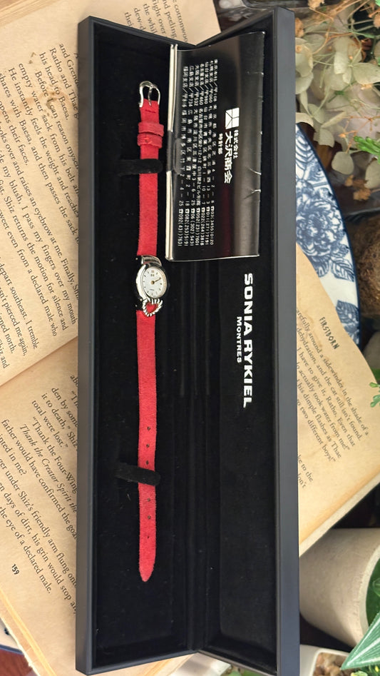 Rare Boxed Vintage Sonia Rykiel Heart Accent Watch in Silver Tone Red Leather Quartz