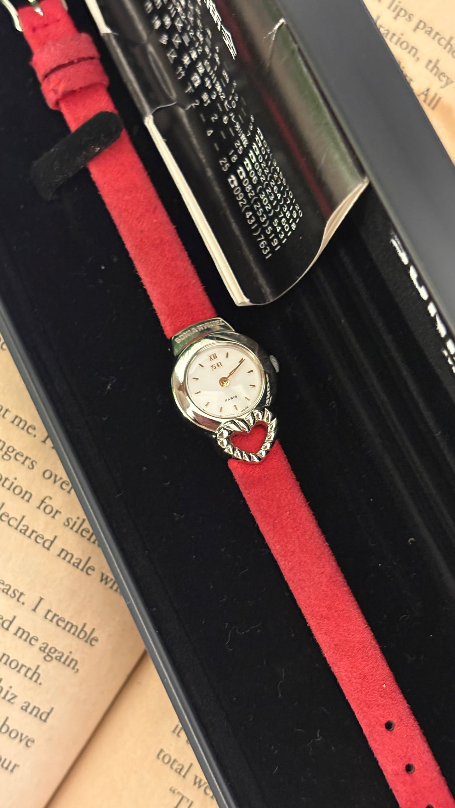 Rare Boxed Vintage Sonia Rykiel Heart Accent Watch in Silver Tone Red Leather Quartz