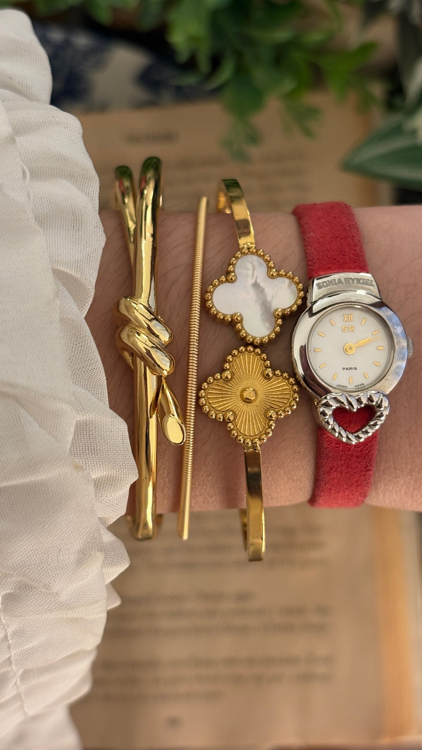 Rare Boxed Vintage Sonia Rykiel Heart Accent Watch in Silver Tone Red Leather Quartz