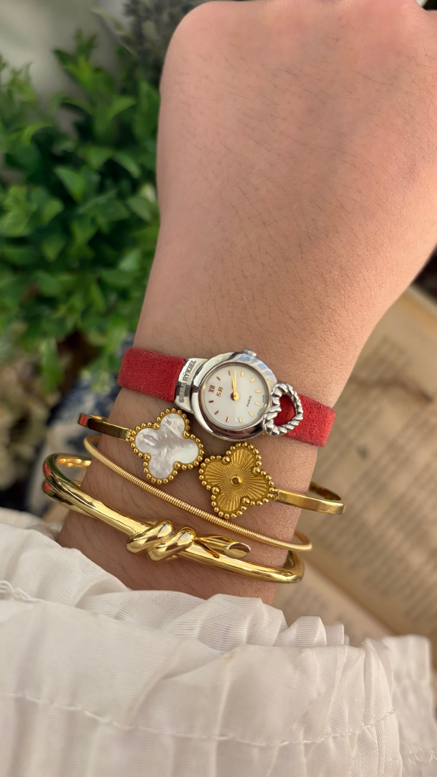 Rare Boxed Vintage Sonia Rykiel Heart Accent Watch in Silver Tone Red Leather Quartz
