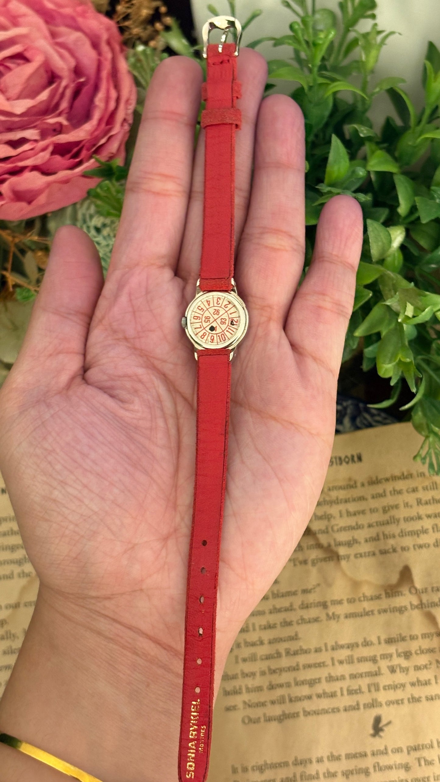 Rare Boxed Vintage Sonia Rykiel Heart Accent Watch in Silver Tone Red Leather Quartz