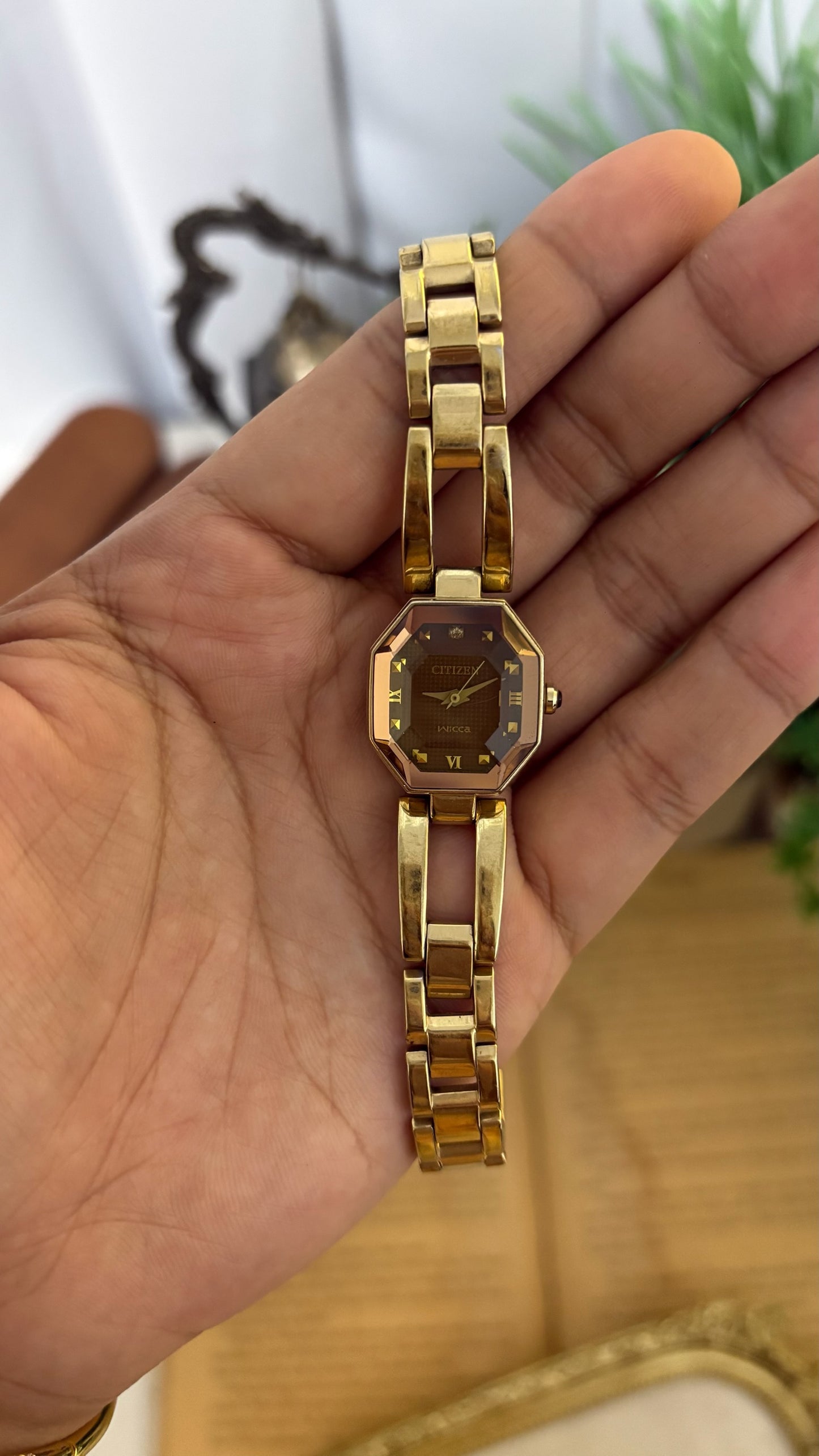 Rare Citizen Wicca Brown Dial Solar Watch in Gold Tone Quartz