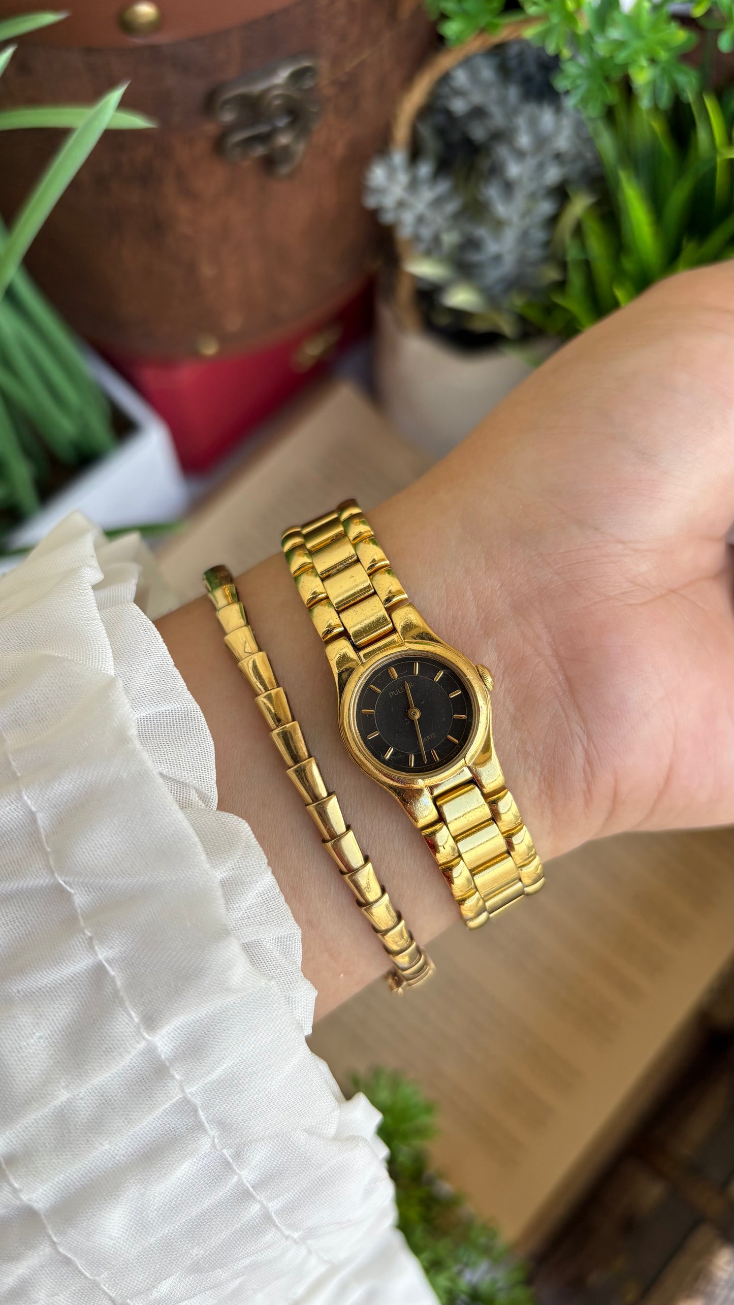 Vintage Pulsar by Seiko Watch in Gold Tone Black Dial