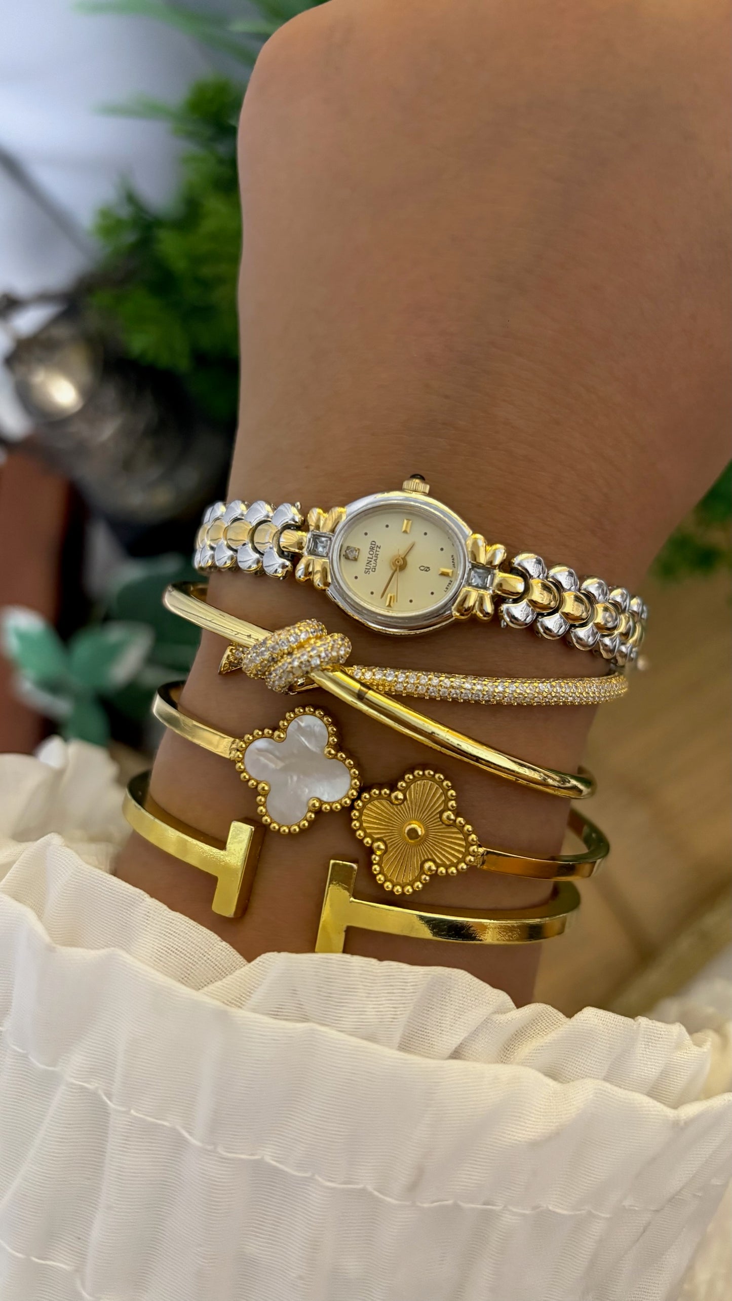 Vintage Sunlord Rhinestone Accent Bracelet Watch in Two-Tone Quartz