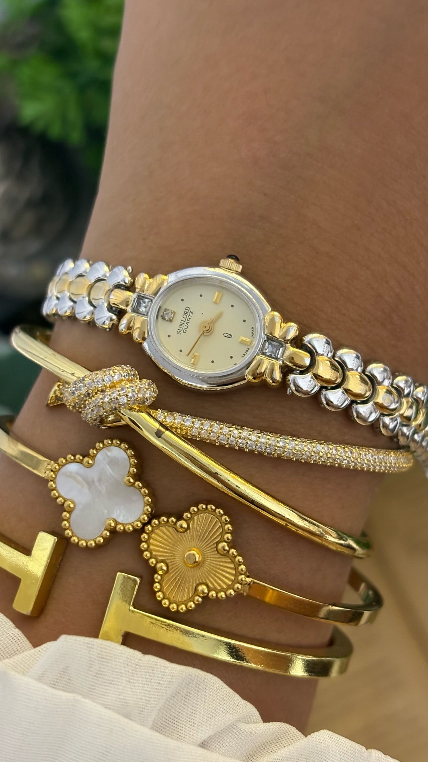 Vintage Sunlord Rhinestone Accent Bracelet Watch in Two-Tone Quartz