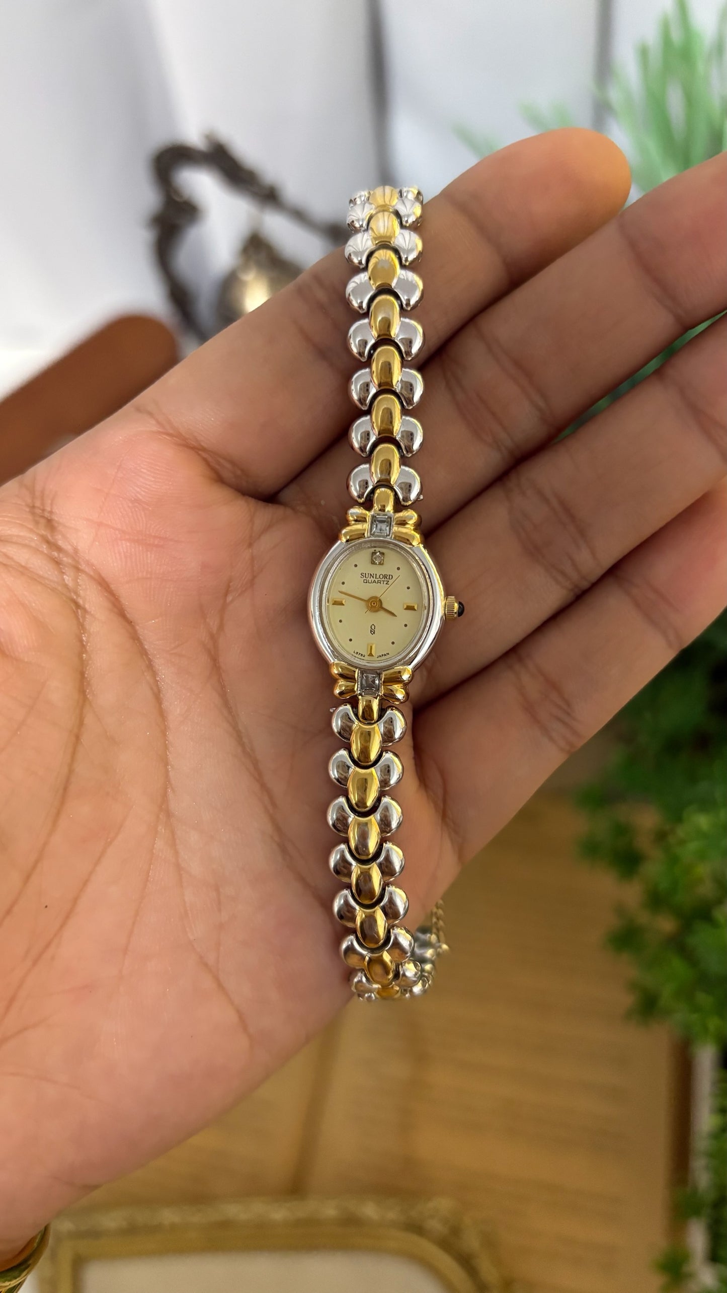 Vintage Sunlord Rhinestone Accent Bracelet Watch in Two-Tone Quartz