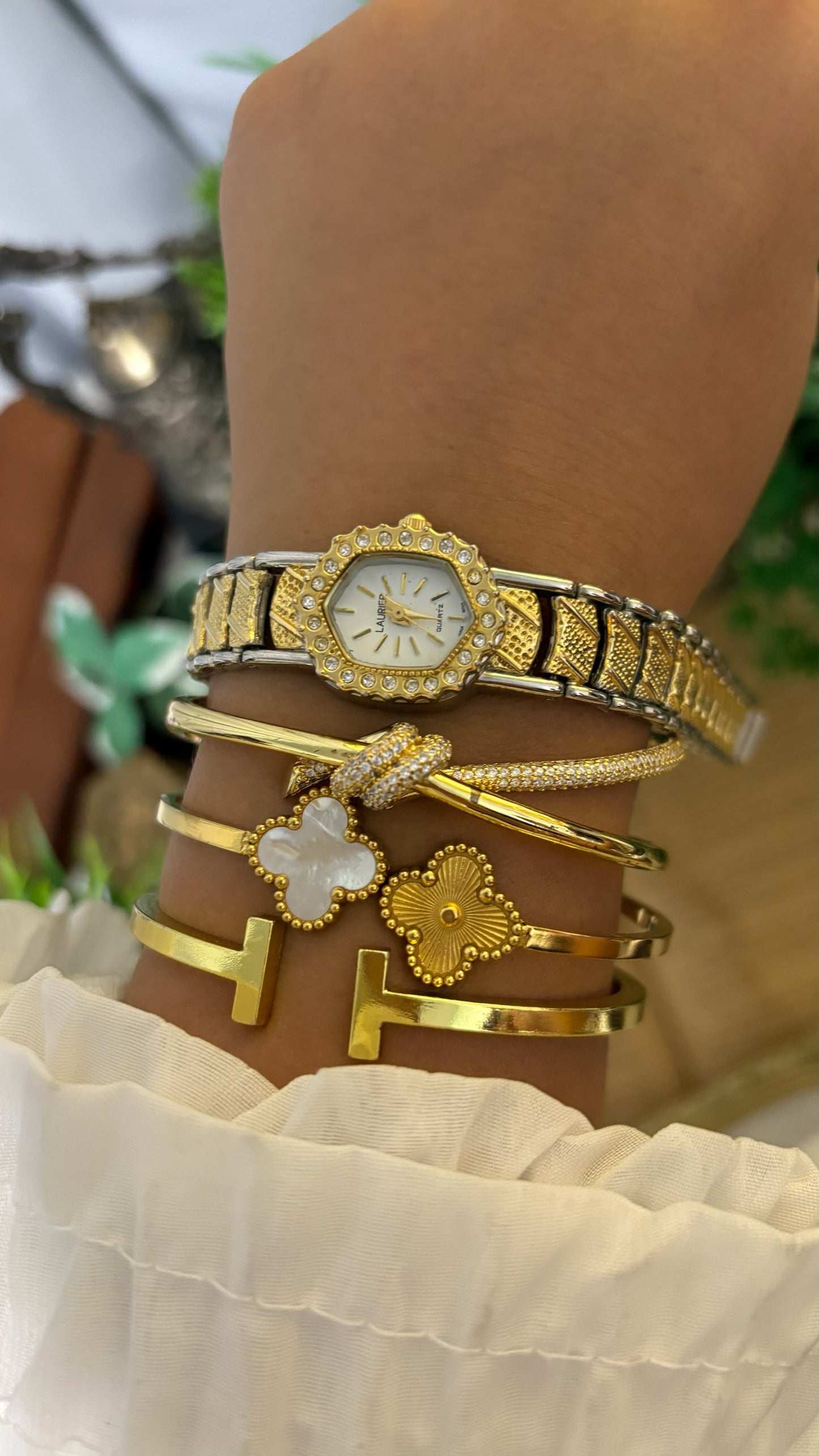 Vintage Laurier Geometrical Dial Bejeweled Watch in Two-Tone Quartz