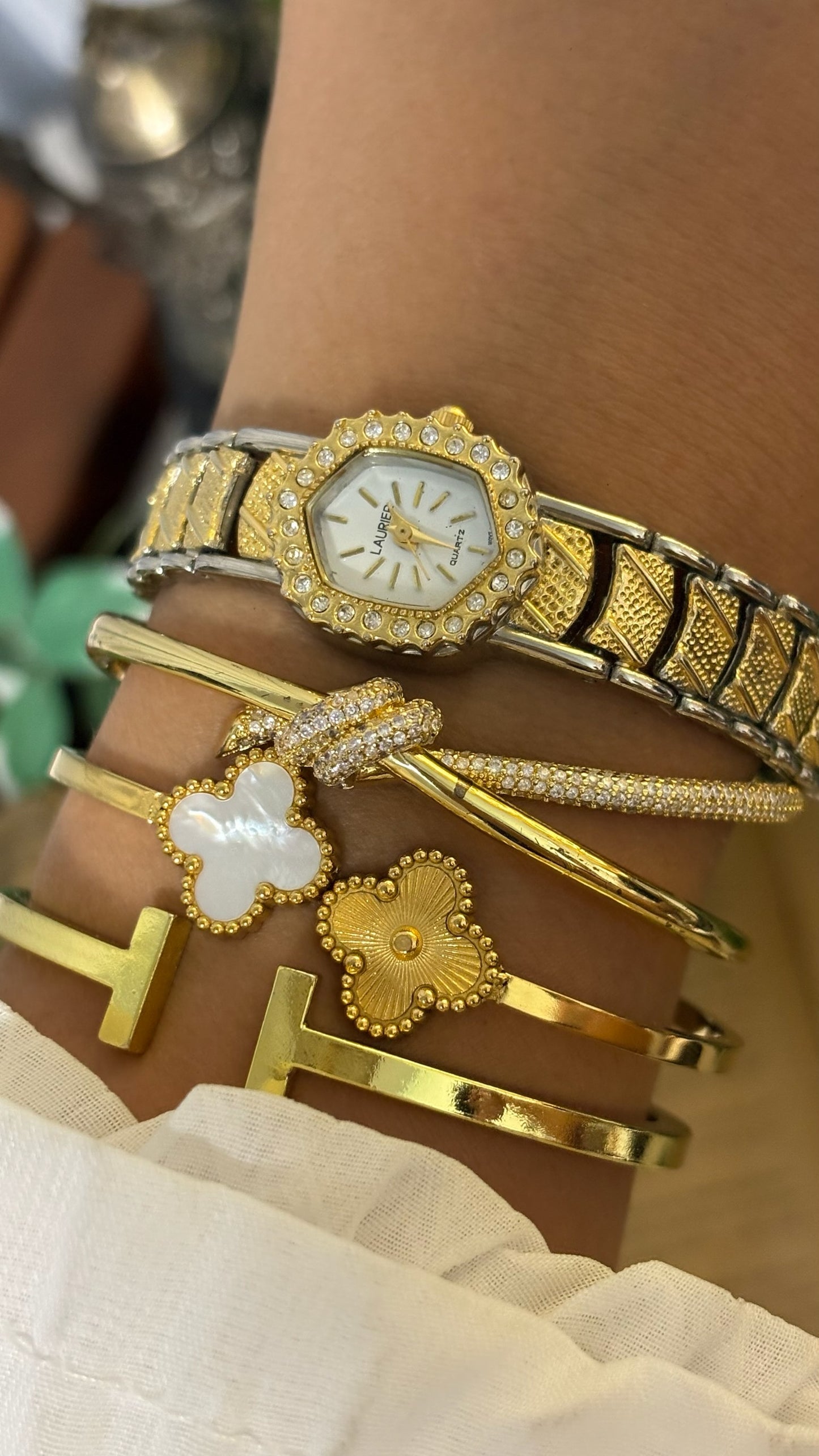 Vintage Laurier Geometrical Dial Bejeweled Watch in Two-Tone Quartz