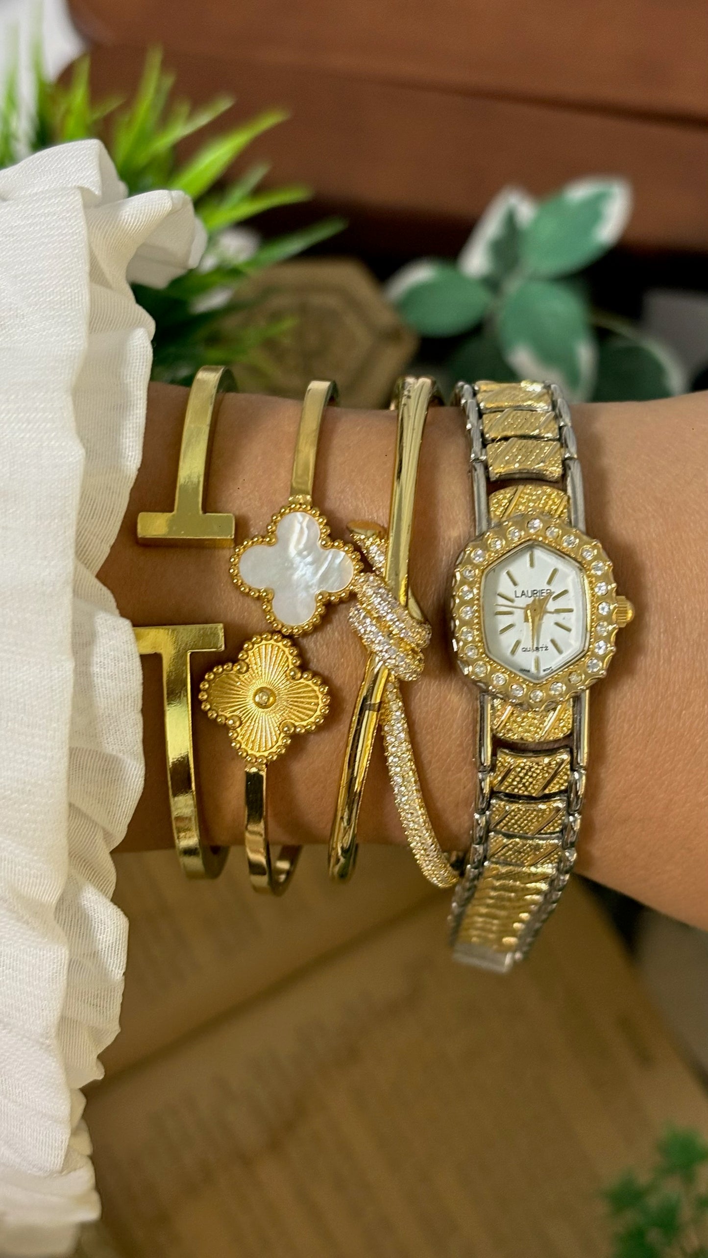 Vintage Laurier Geometrical Dial Bejeweled Watch in Two-Tone Quartz