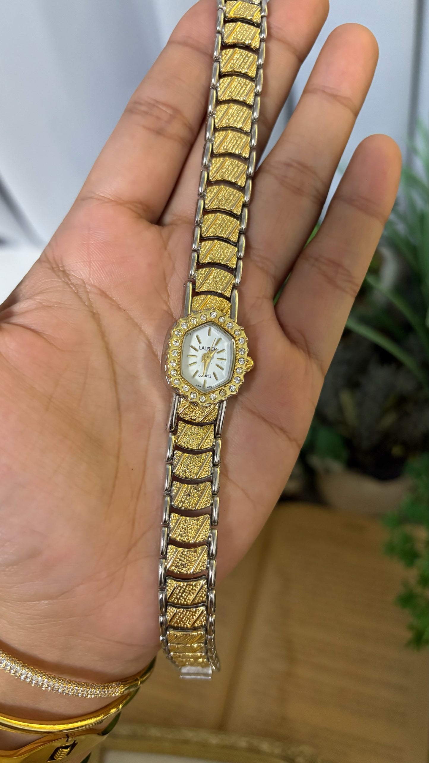 Vintage Laurier Geometrical Dial Bejeweled Watch in Two-Tone Quartz