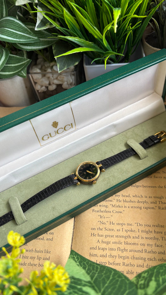 Vintage Gucci Watch in Black Leather Strap Black Dial with Original Gucci Box