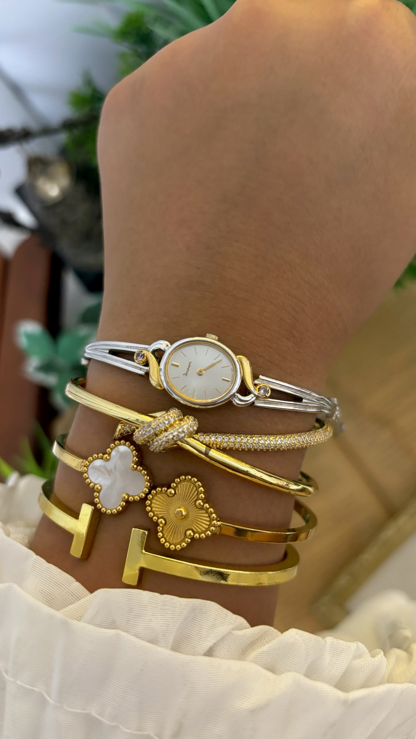 Rare Vintage Dana Rhinestone Accent Semi-Bangle Watch in Two-Tone Quartz