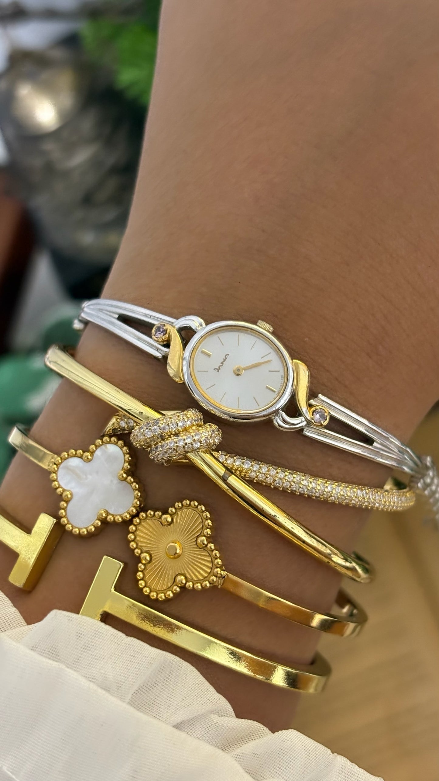 Rare Vintage Dana Rhinestone Accent Semi-Bangle Watch in Two-Tone Quartz