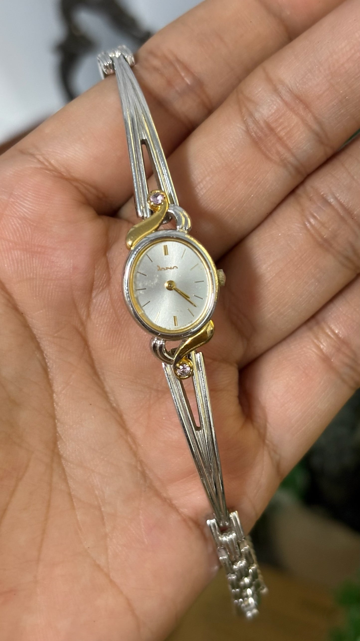 Rare Vintage Dana Rhinestone Accent Semi-Bangle Watch in Two-Tone Quartz