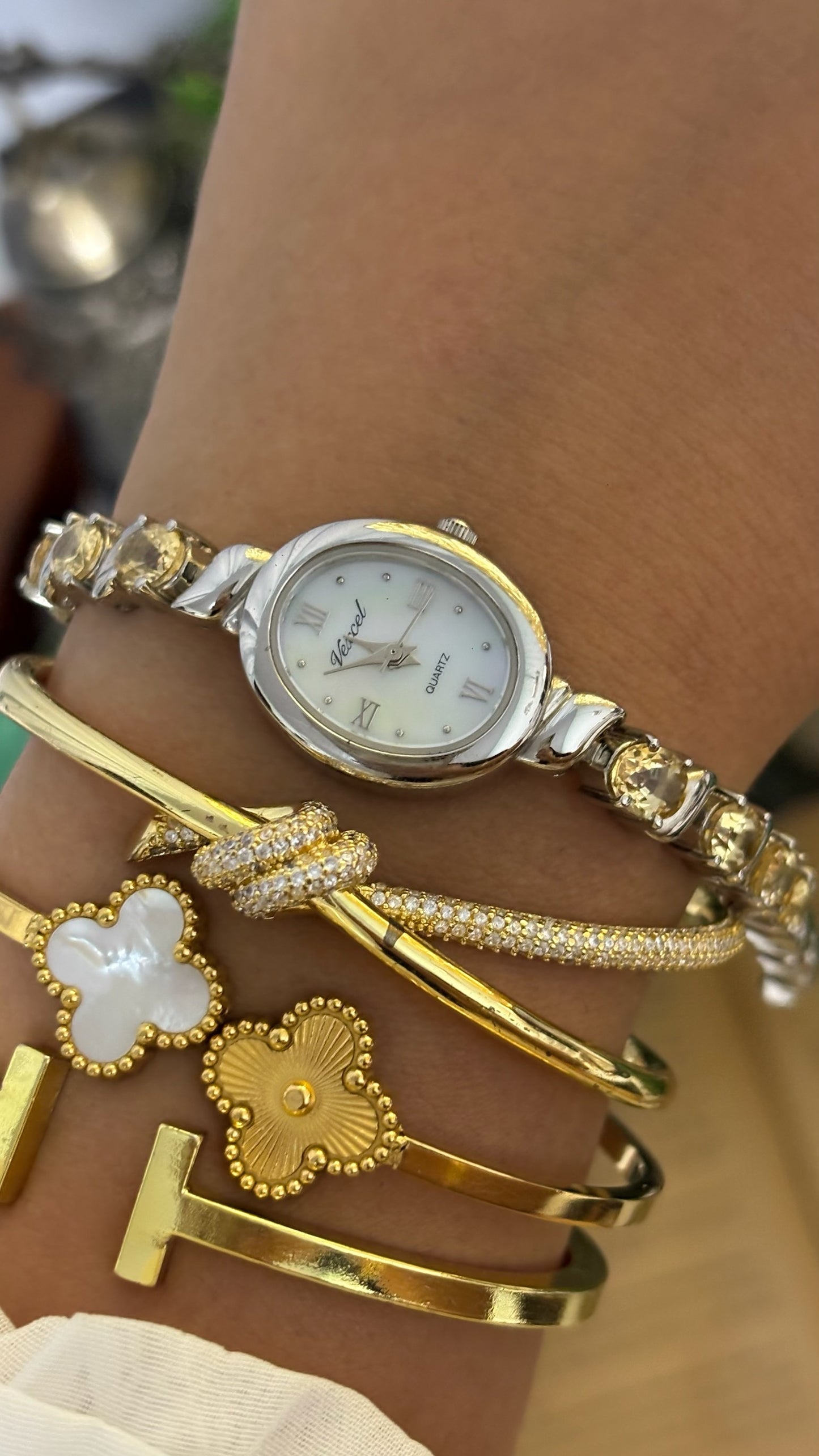 Vintage Vexcel Citrine Mother of Pearl Dial Bracelet Watch in Silver Tone Quartz