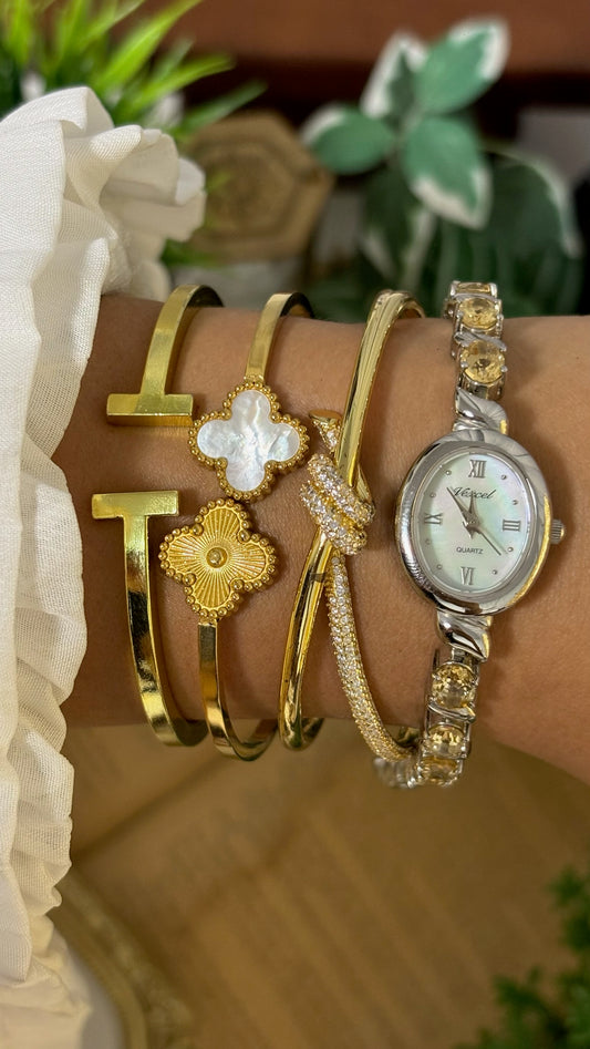Vintage Vexcel Citrine Mother of Pearl Dial Bracelet Watch in Silver Tone Quartz
