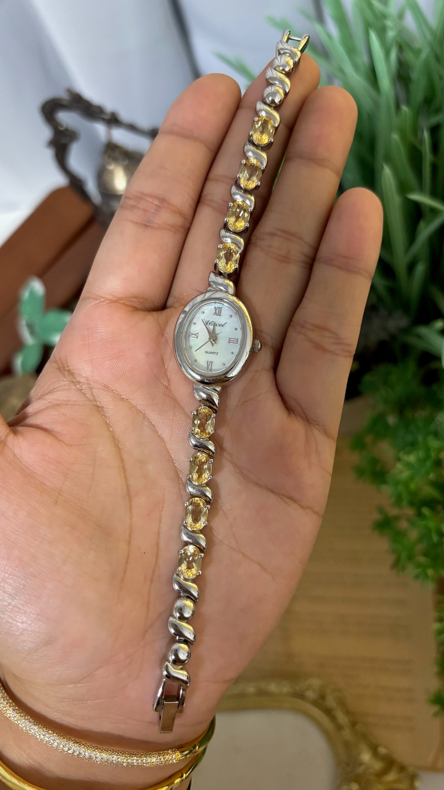 Vintage Vexcel Citrine Mother of Pearl Dial Bracelet Watch in Silver Tone Quartz