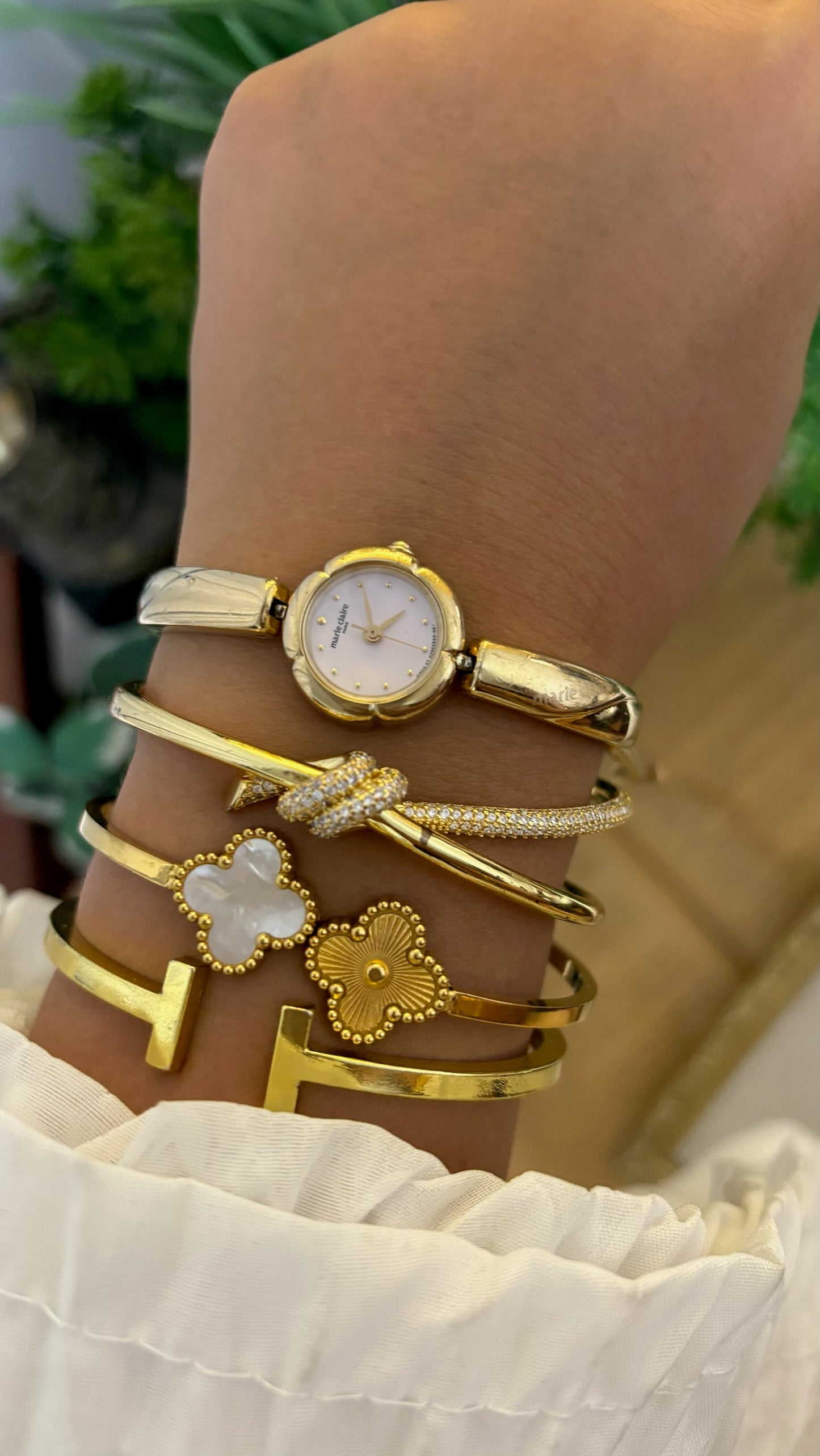 Vintage Marie Claire Flower Dial Bangle Watch in Gold Tone Quartz