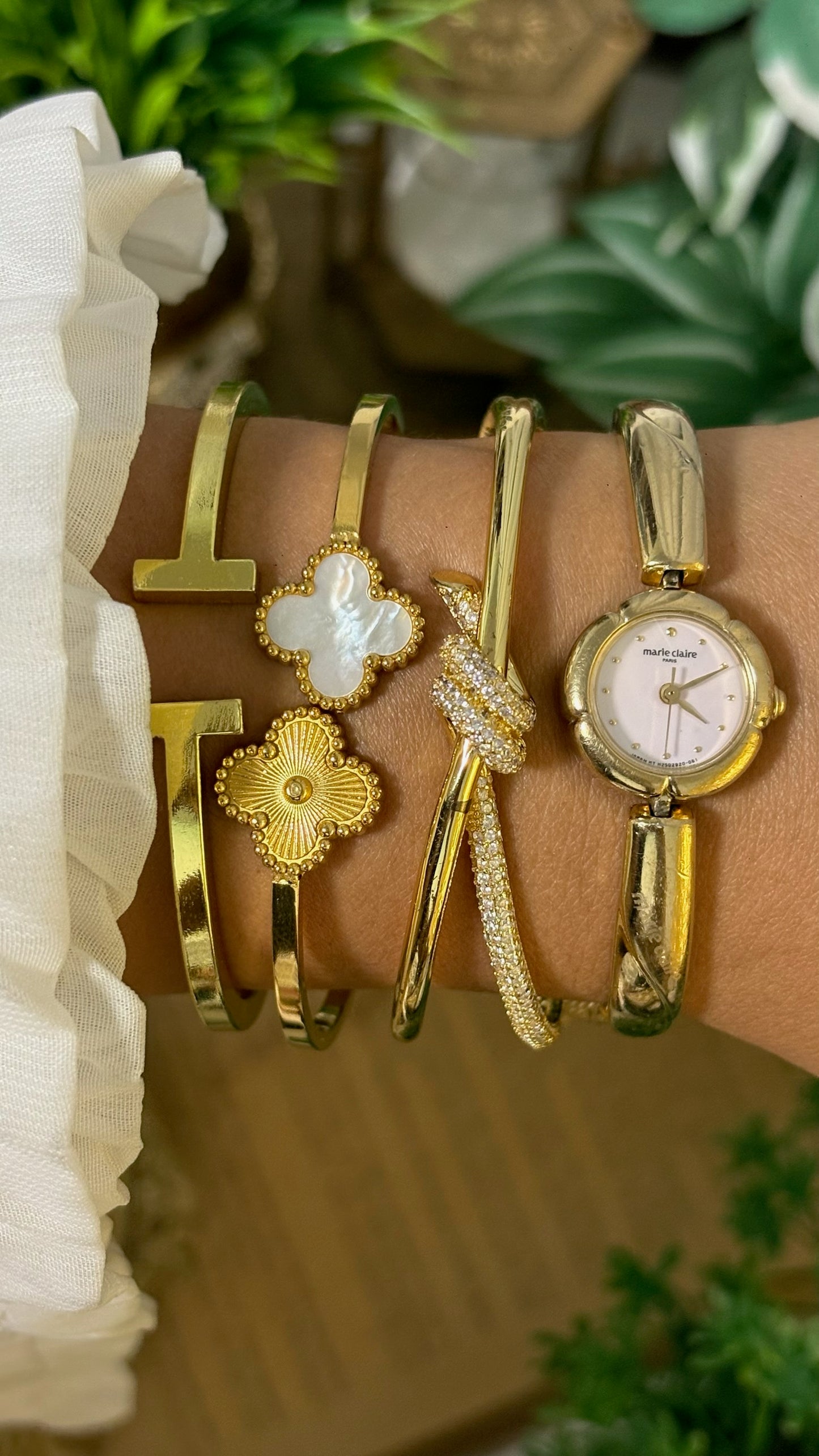 Vintage Marie Claire Flower Dial Bangle Watch in Gold Tone Quartz