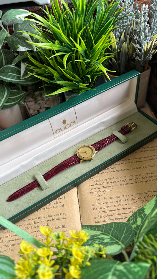 Vintage Gucci Watch in Maroon Leather Strap Gold Dial with Original Gucci Box