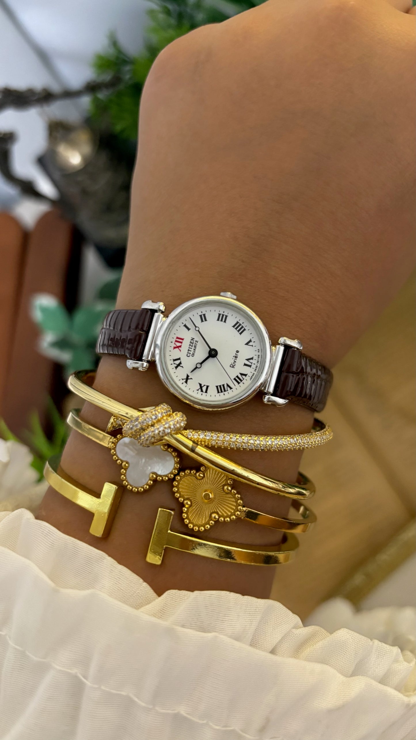 Vintage Citizen Riviere Roman Dial Watch in Silver Tone Brown Leather Strap