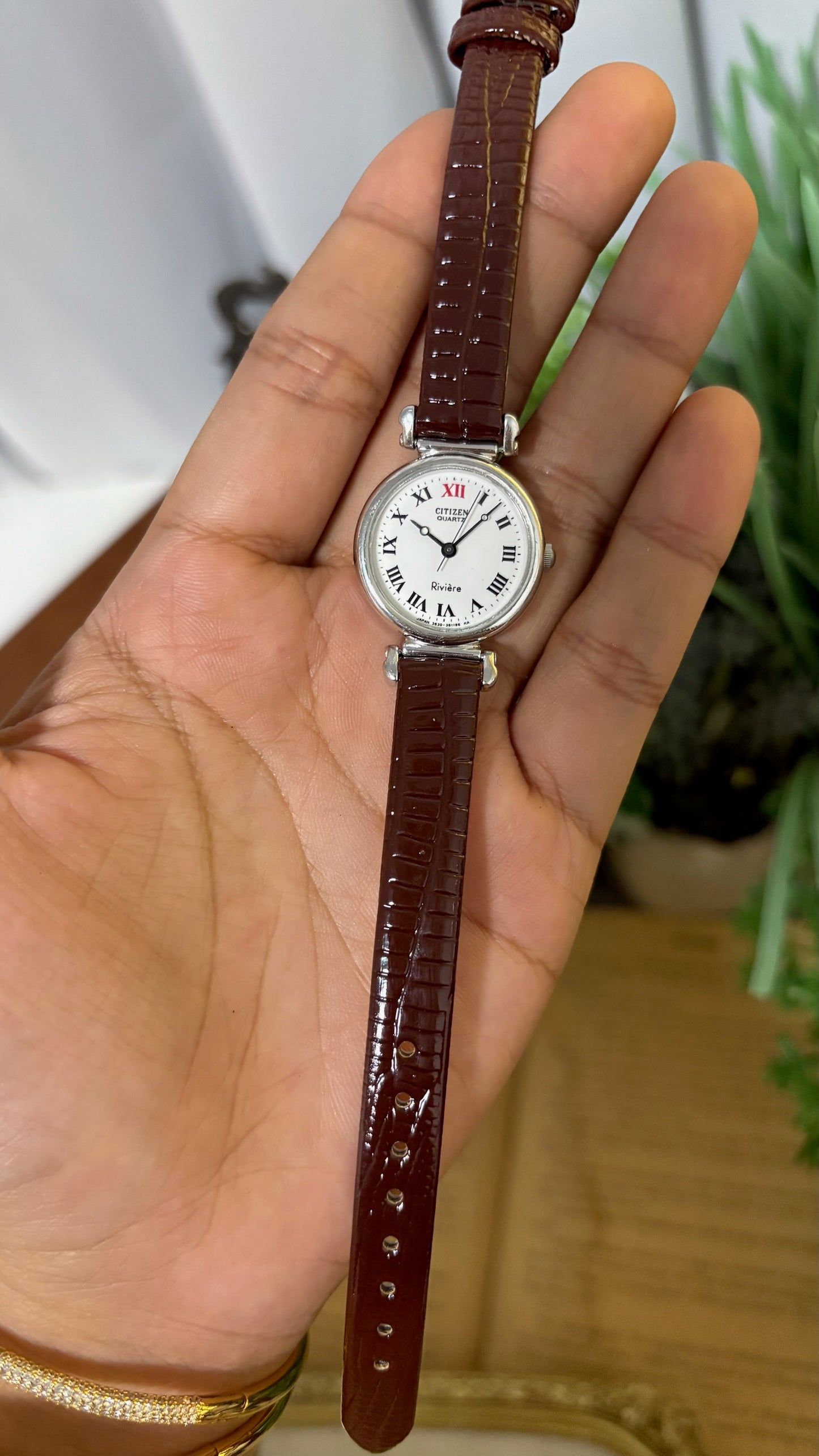 Vintage Citizen Riviere Roman Dial Watch in Silver Tone Brown Leather Strap