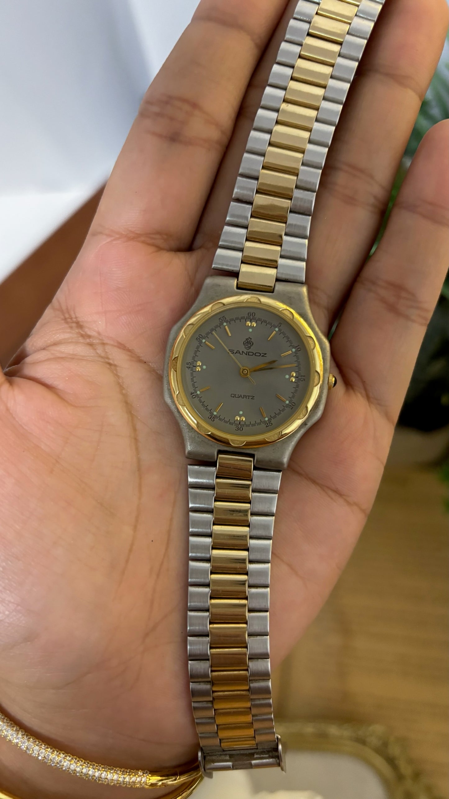 Vintage Sandoz Swiss Gray Dial Dress Watch in Two-Tone Quartz
