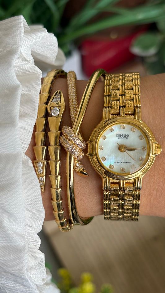 Vintage Klaeuse Watch in Gold Tone Mother of Pearl Dial with 12 Genuine Diamonds