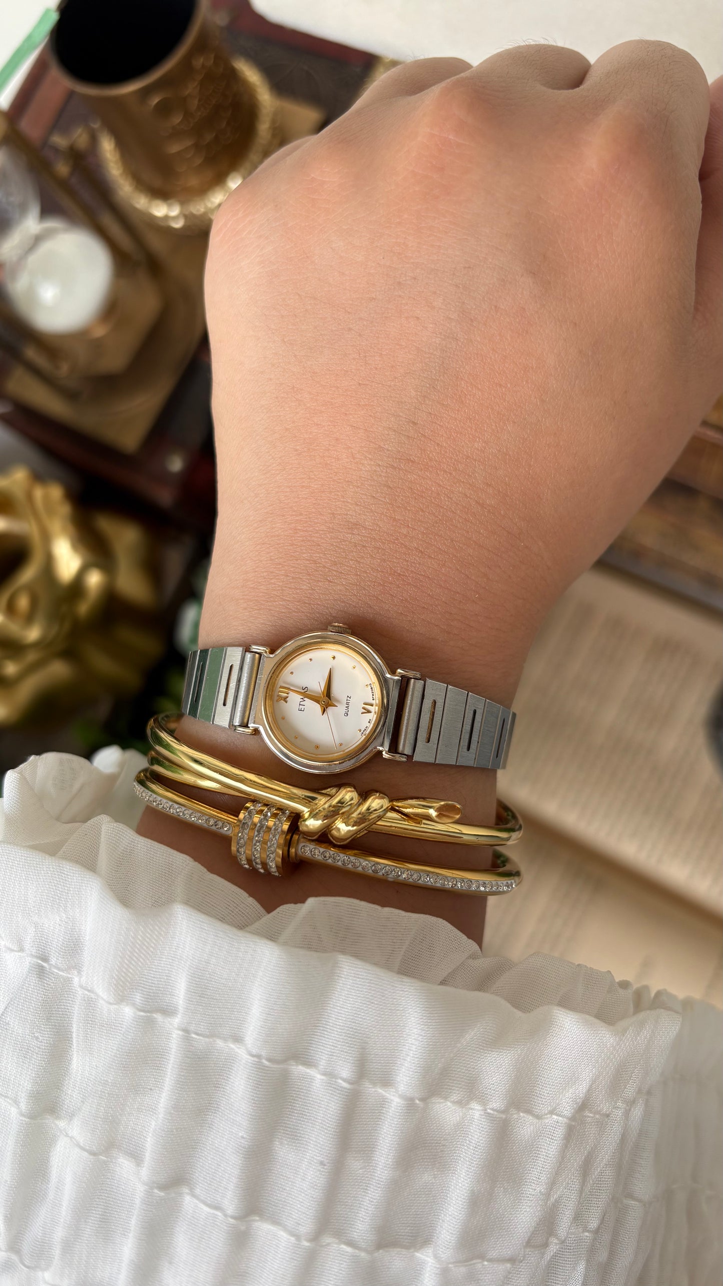 Vintage ETWAS Minimalist Watch in Two-Tone Gold and Palladium Plating Japan Quartz