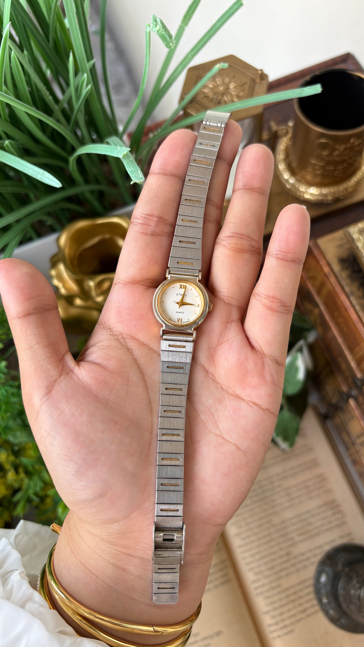 Vintage ETWAS Minimalist Watch in Two-Tone Gold and Palladium Plating Japan Quartz