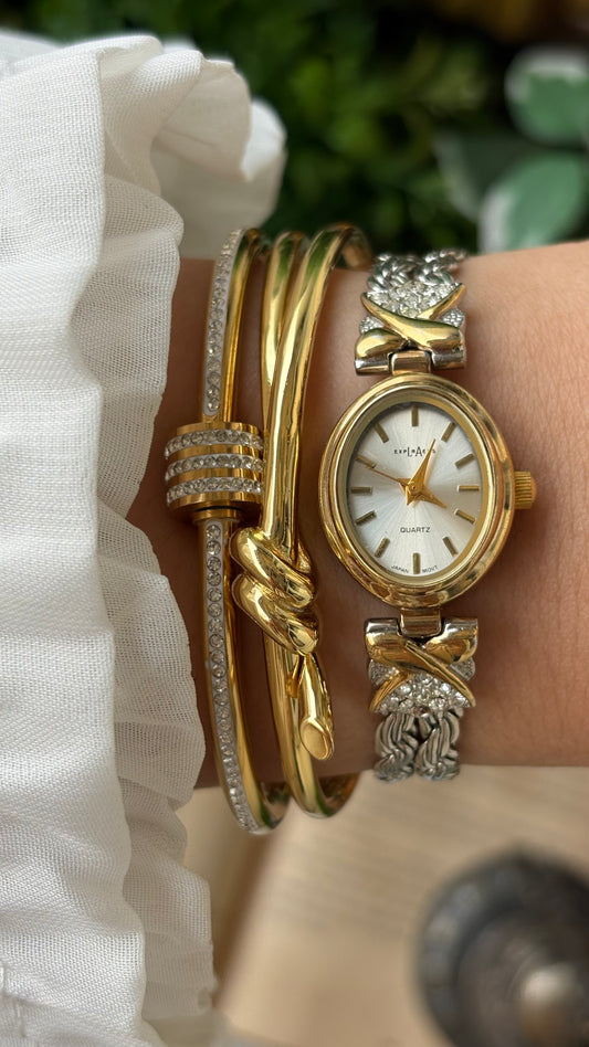 Vintage LA Express Rhinestone Braided Bracelet Watch in Two-Tone Oval Dial Japan Quartz