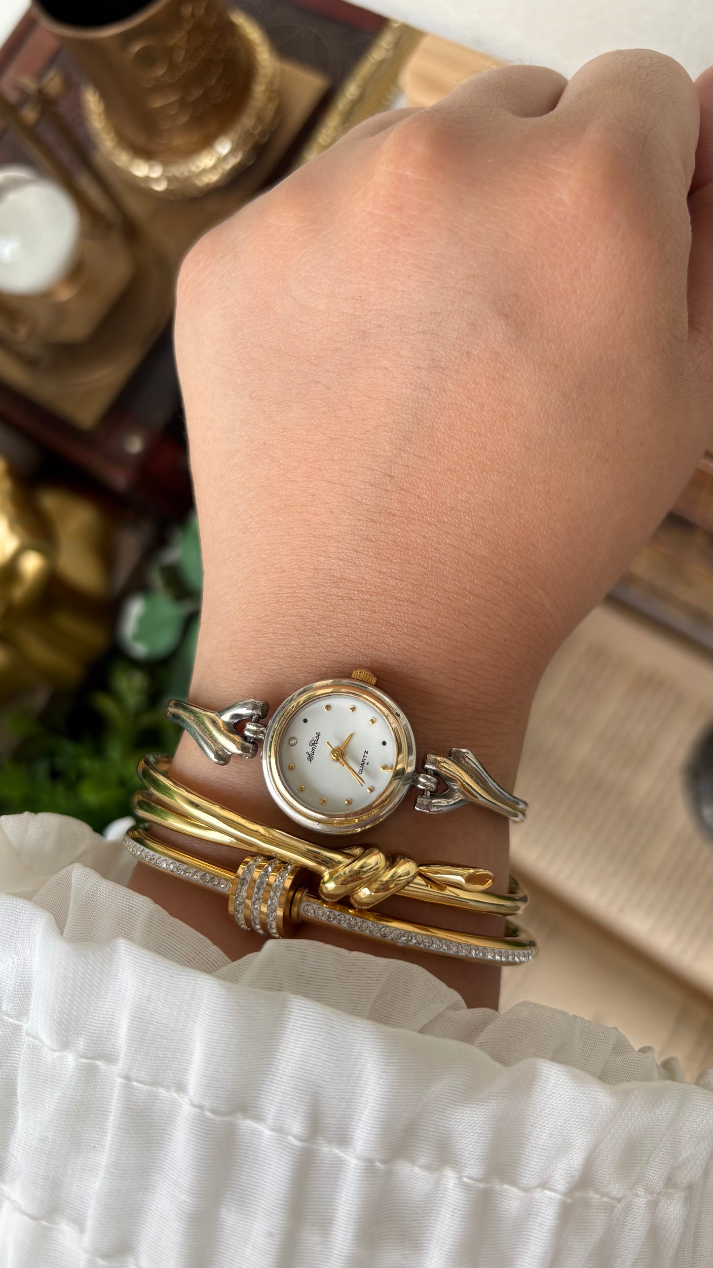 Vintage SunRise Elegant Semi Bangle Watch in Two-Tone Quartz Rhinestone Dial