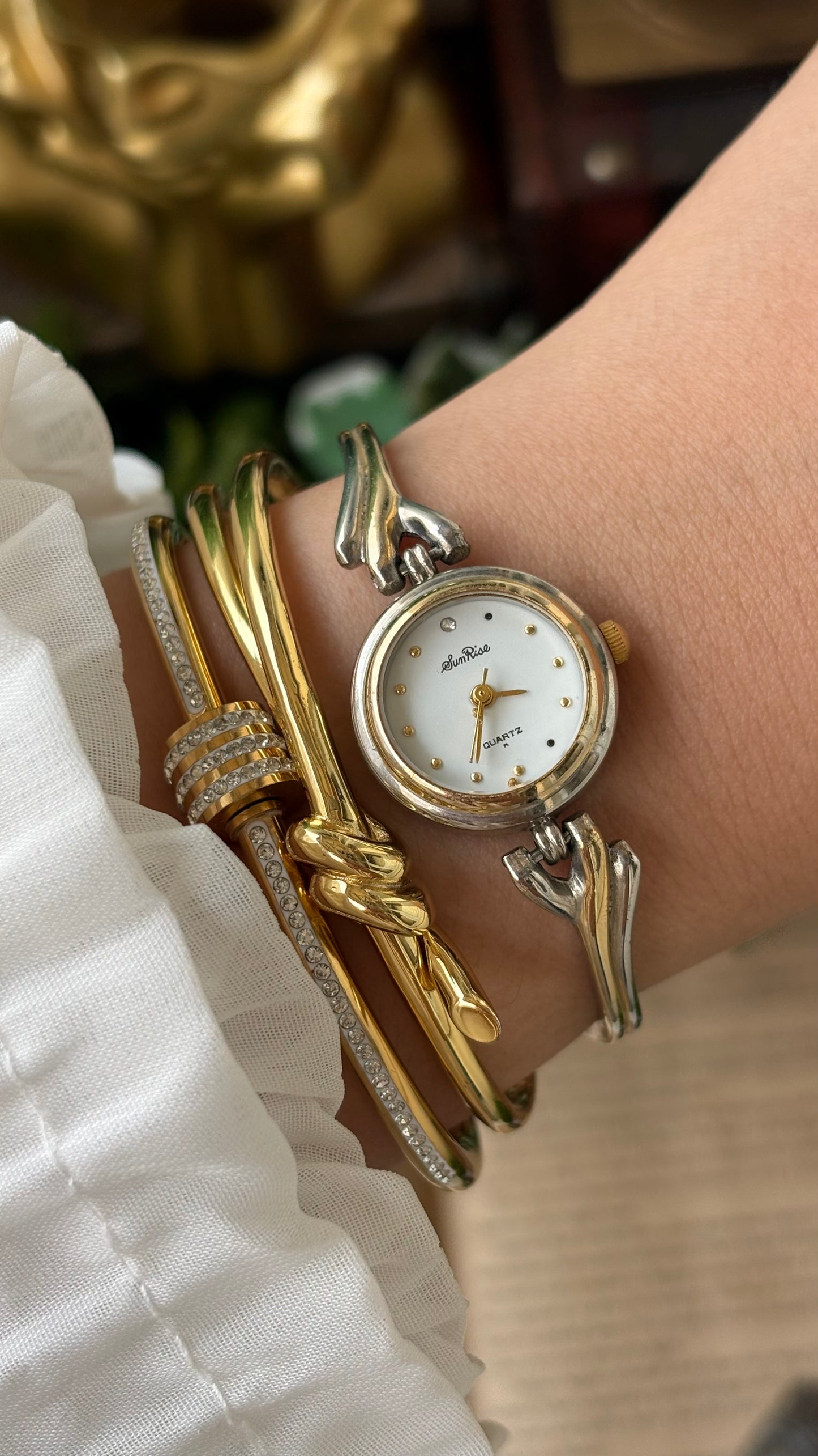 Vintage SunRise Elegant Semi Bangle Watch in Two-Tone Quartz Rhinestone Dial