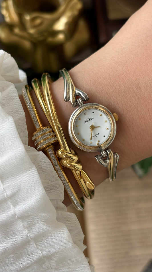 Vintage SunRise Elegant Semi Bangle Watch in Two-Tone Quartz Rhinestone Dial