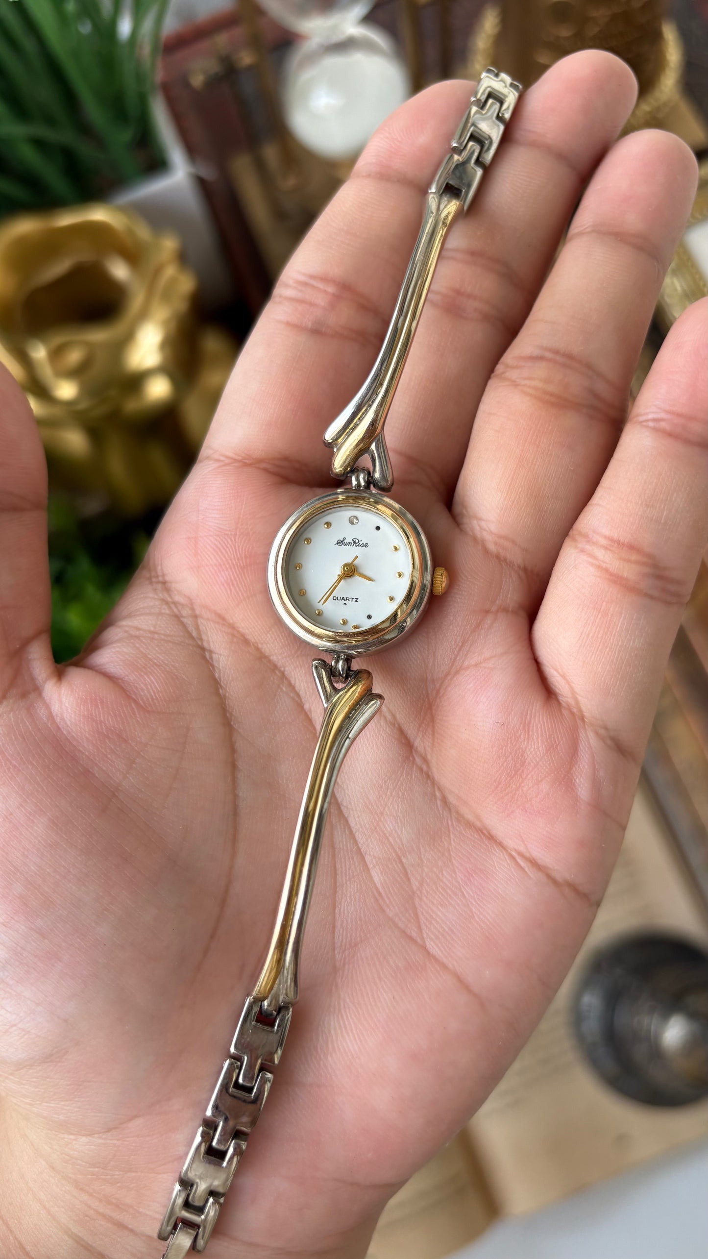 Vintage SunRise Elegant Semi Bangle Watch in Two-Tone Quartz Rhinestone Dial