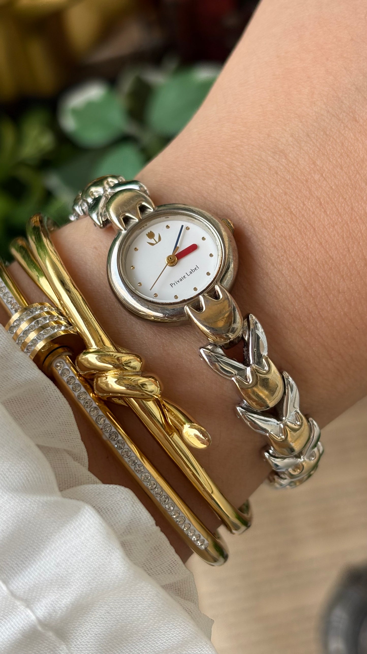 Rare Vintage Private Label Tulip Link Watch in Two-Tone Minimalist Dial Quartz