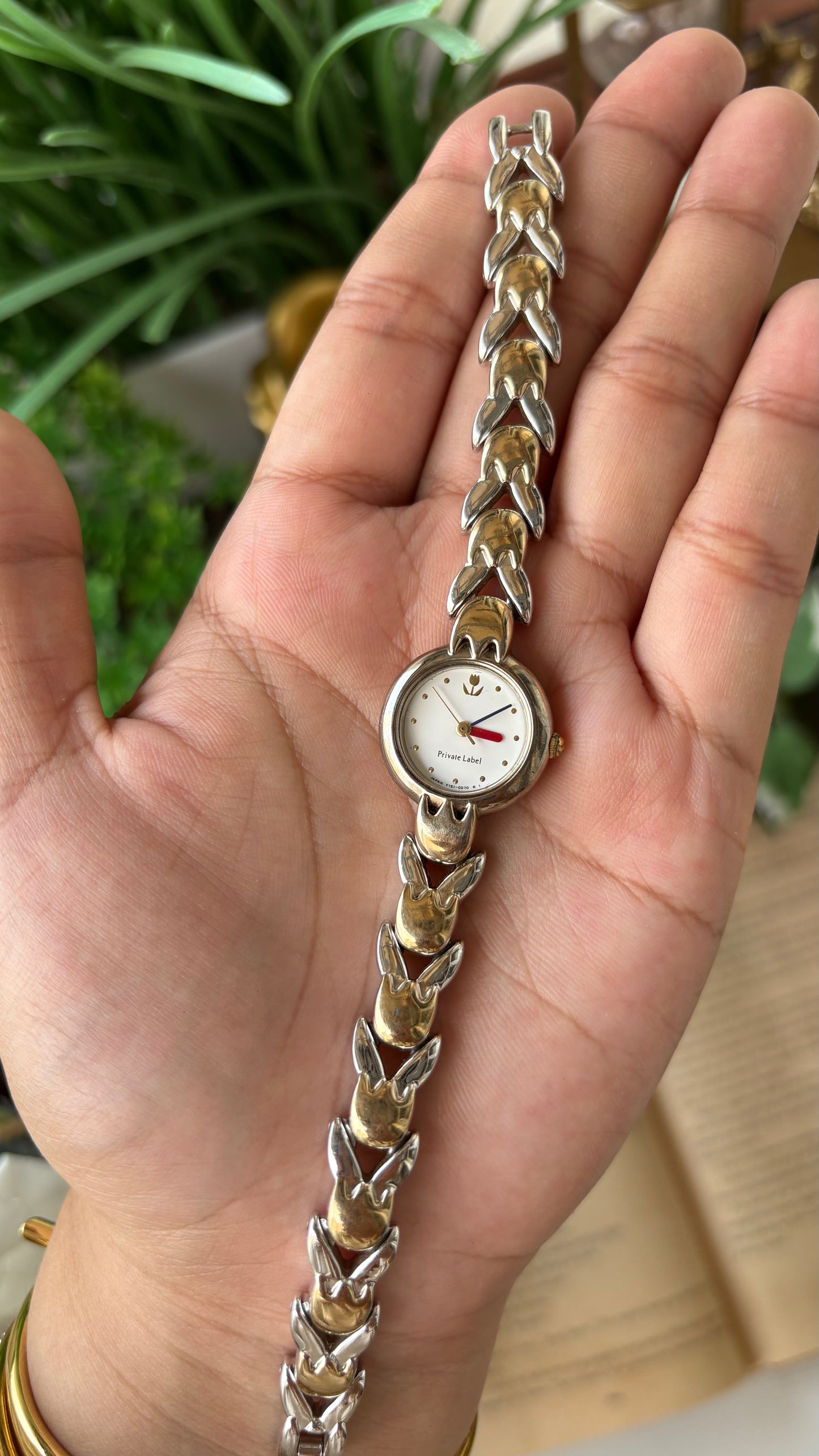 Rare Vintage Private Label Tulip Link Watch in Two-Tone Minimalist Dial Quartz