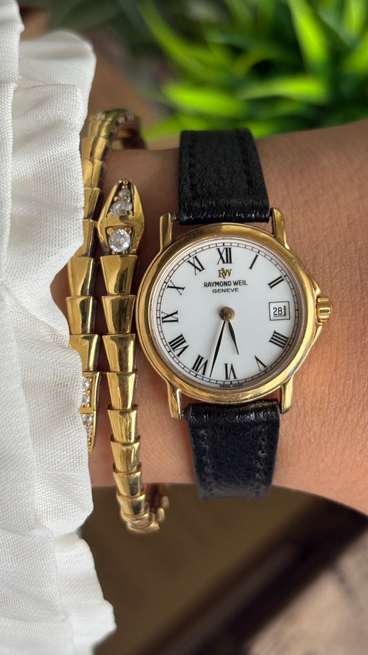 Vintage Raymond Weil Women’s Dress Watch in Black Leather Strap in Roman Dial with Date Just